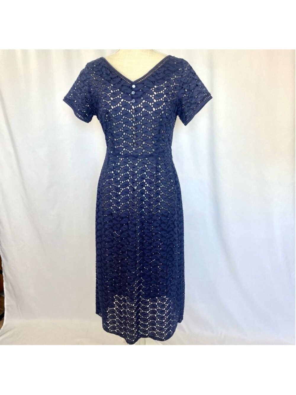 Rare Vintage Navy Blue Eyelet Lace Midi Dress Short Sleeve 50s Fit & Flare Women